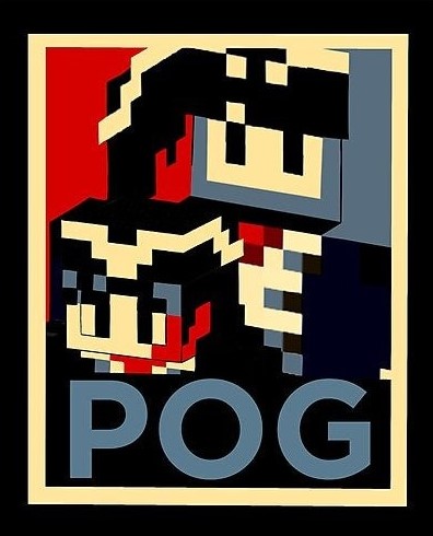 This is a drawing of a poster for POG 20 20 starring Wilbur and Tommy's minecraft skins. It is very visually similar to Quackity's but the colors are swapped. Tommy and Wilbur are in their L'manberg uniforms. Tommy's face is smaller and lower, facing to the left, while Wilbur's face is larger and facing to the right. The right side of Wilbur's face and the underside of Tommy's chin is the same red seen in Quackity's poster. The front of Wilbur's face and the front of Tommy's face are the same blue as Quackity's poster. POG is written in capital letters underneath the two faces. The background is split down the middle with the red on the left and blue on the right. There is a cream border and then a thick black border that outlines the poster.